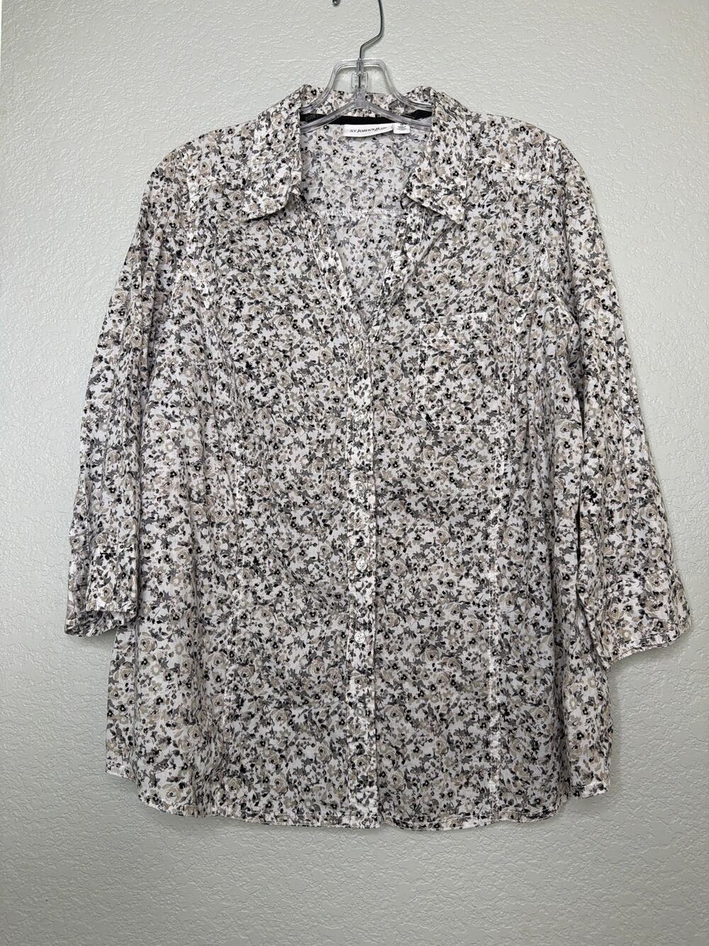 St. John’s Bay Floral Cotton Button Front Blouse Women’s Neutral V Neck 1X